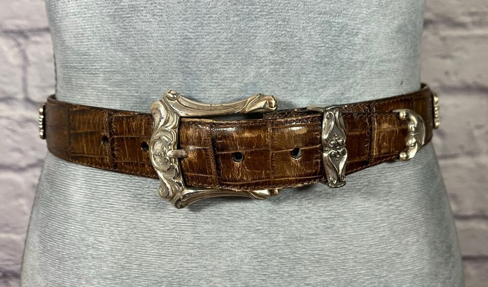 90's Fossil Western Croc Stamped Leather Belt with Ornate Silvertone Buckle